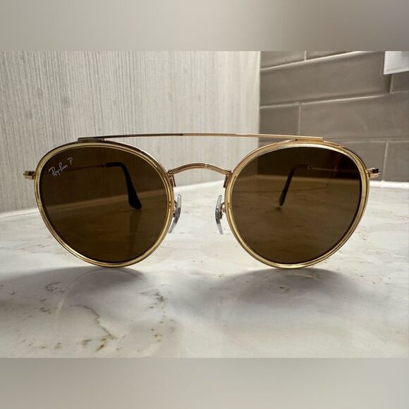 Ray-Ban Gold and Brown Round Double Bridge Polarized Sunglasses - Picture 2 of 11